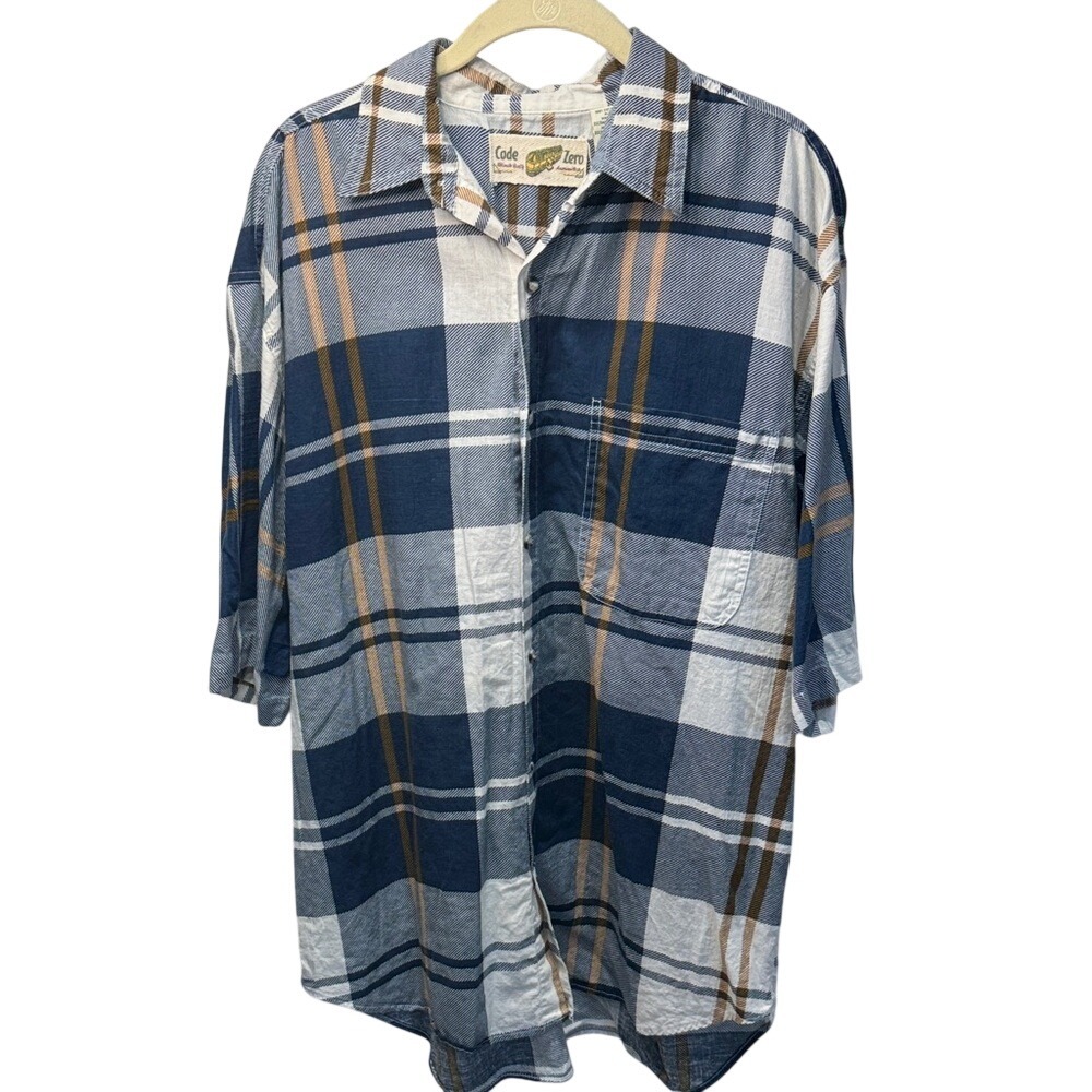 Code Zero Mens Blue White Tan Plaid Cotton Short Sleeve Button Down Shirt Medium